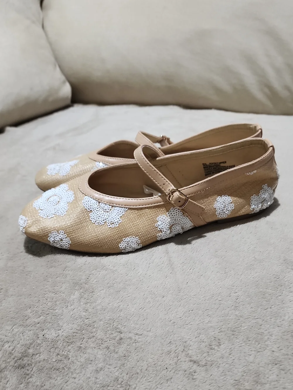 a new day Tan Raffia Mary Jane Shoes with White Sequin Flowers